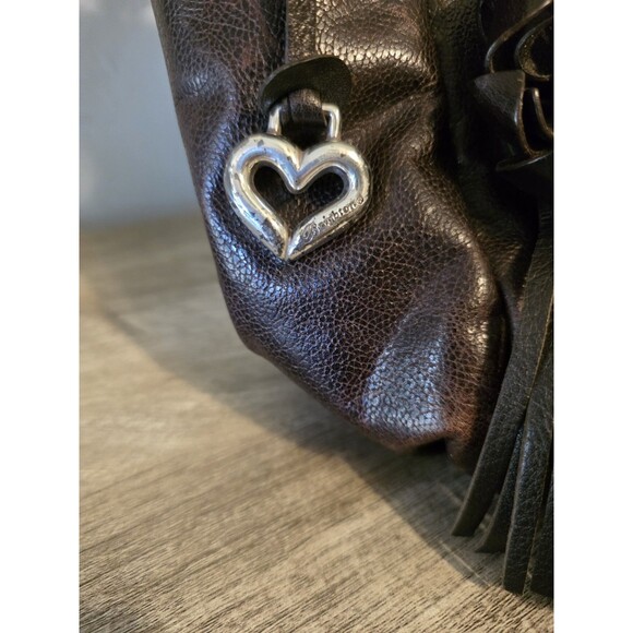 Retired Brighton Jen Leather Bucket Handbag Purse Flower Fringe Distressed Brown - Picture 12 of 16